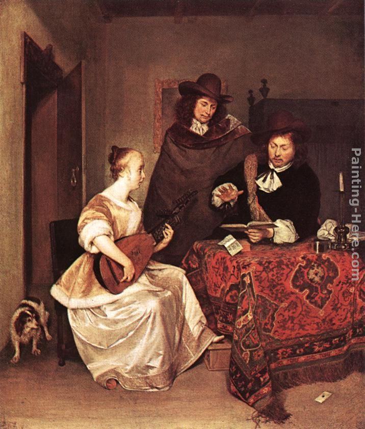 Gerard ter Borch A Young Woman Playing a Theorbo to Two Men